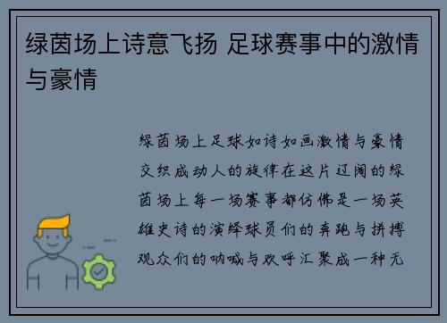 绿茵场上诗意飞扬 足球赛事中的激情与豪情