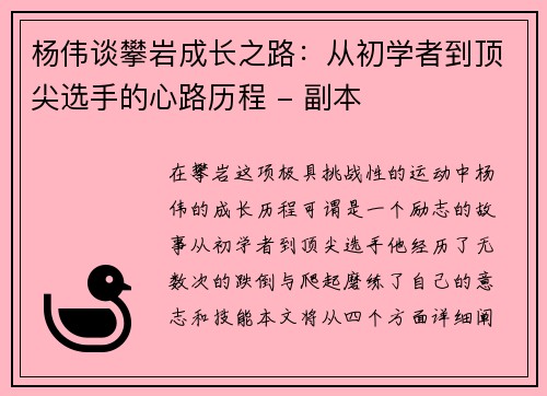 杨伟谈攀岩成长之路：从初学者到顶尖选手的心路历程 - 副本